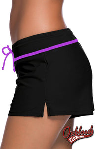 Black Womens Swimming Boardshort - Violet Strap Trim Shorts