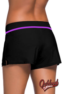 Black Womens Swimming Boardshort - Violet Strap Trim Shorts