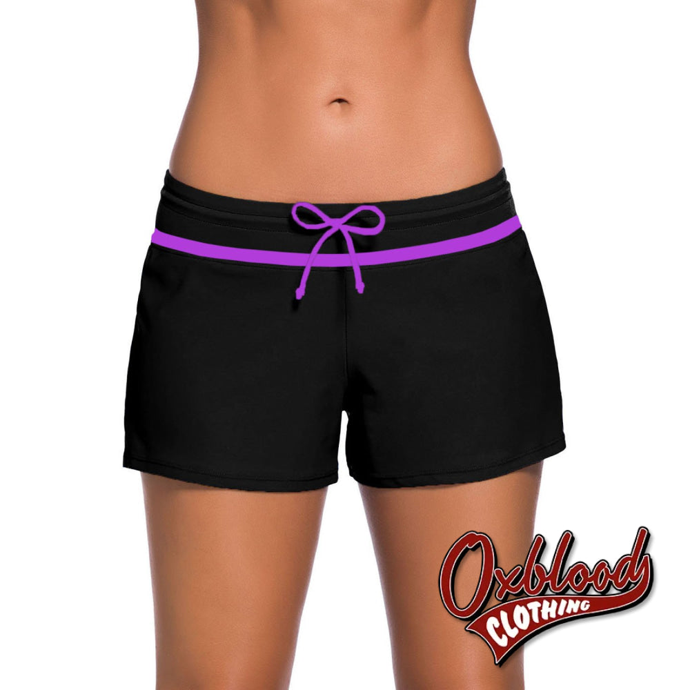 Black Womens Swimming Boardshort - Violet Strap Trim Shorts