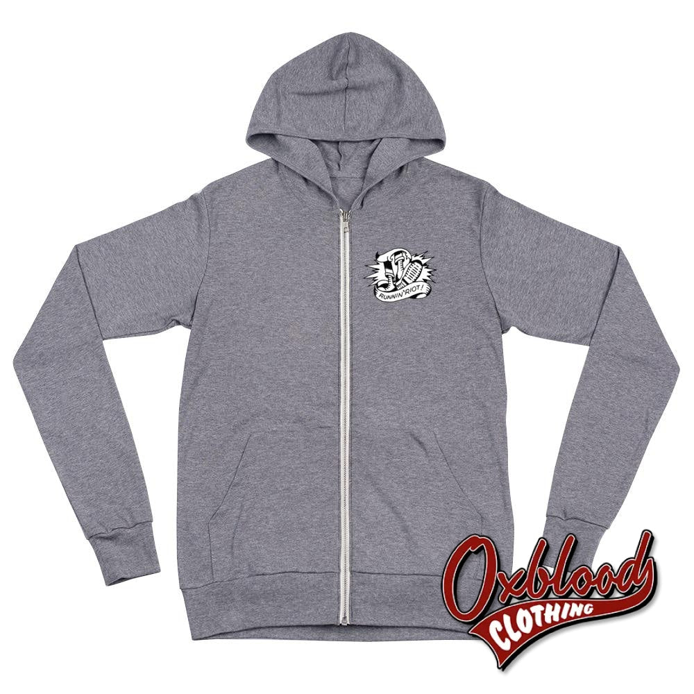 Runnin Riot Zip Hoodie - Oi Music Rupert Cleaver Streetpunk & 80S Punk Shirts Skinhead Style Grey