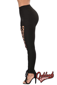 Gothic Black Lace Up Front Leggings - Punk Grommet Tights