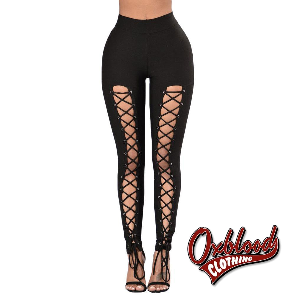 Gothic Black Lace Up Front Leggings - Punk Grommet Tights S