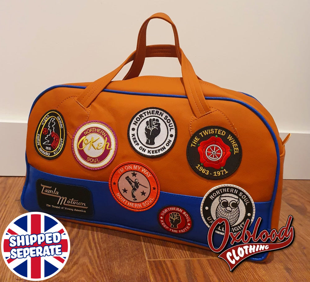 Orange & Blue - Northern Soul Patch Holdall Style Travel Bag Hand-Stitched Keep The Faith Handbag