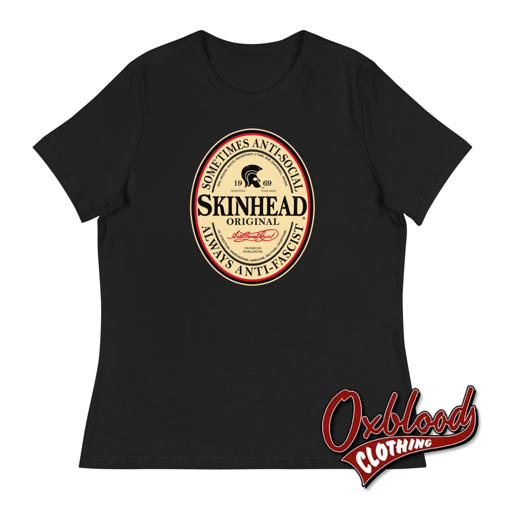 Womens Irish Stout Skinhead: Sometimes Anti-Social Always Anti-Fascist T-Shirt Black / S