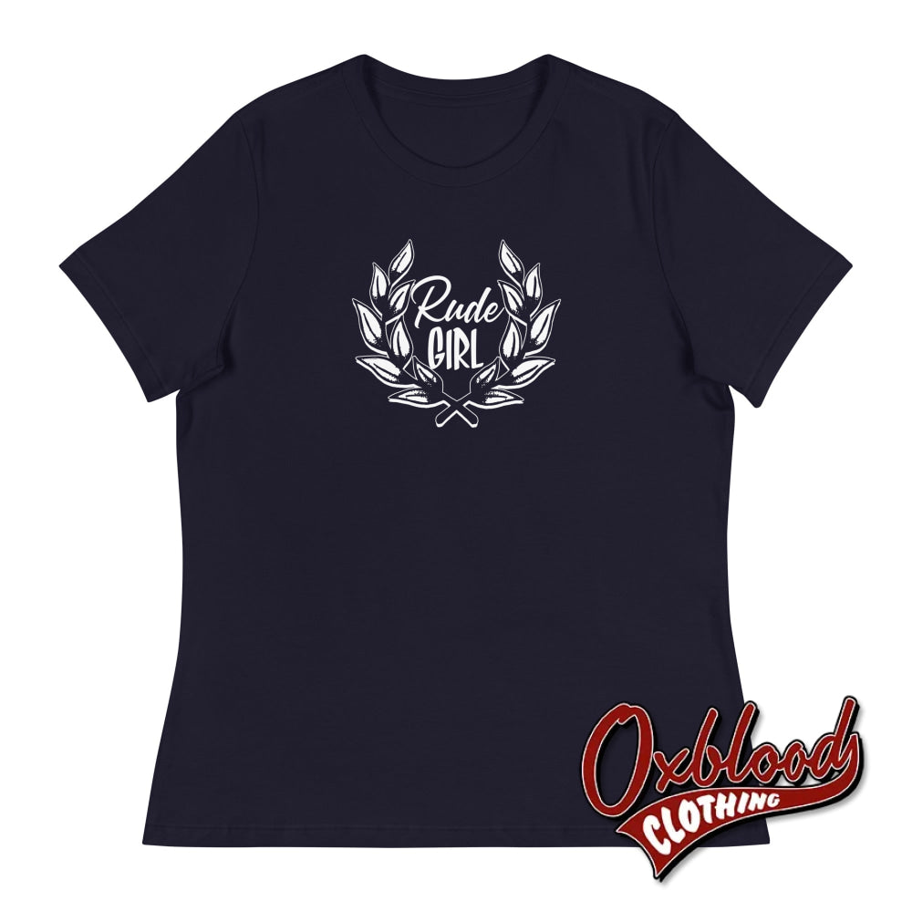 Womens Rude Girl T-Shirt - Ladies’ Ska Laurel Wreath Crest Navy / S Shirts